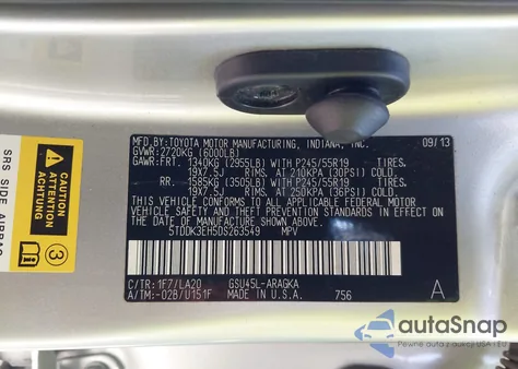 2013 Toyota Highlander Limited V6 из США, поврежденный, VIN 5TDDK3EH5DS263549